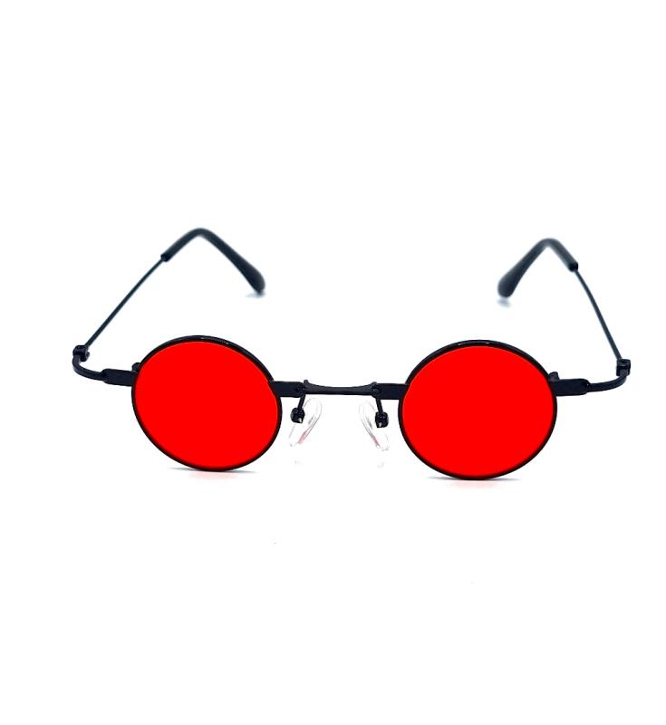 Små runda solglasögon - svarta bågar med röda linser