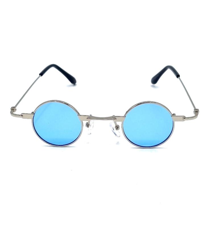 Små runda solglasögon - Silverfärgade bågar med blåa linser
