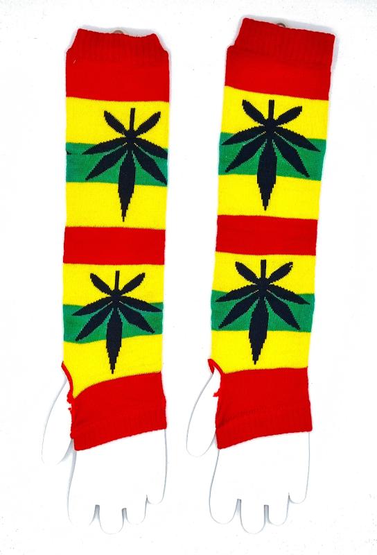 Long arm warmers - Rasta colors with marijuana leaf