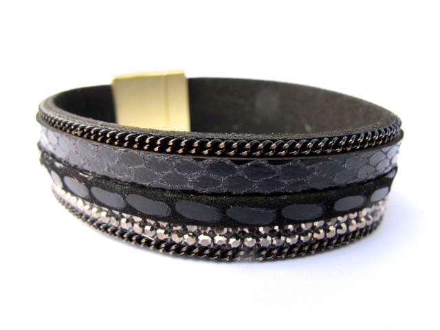 Black leather bracelet with white crystals and chains