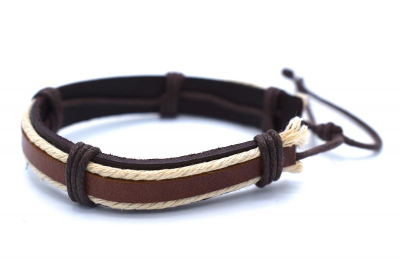 Black and brown leather bracelet with white string