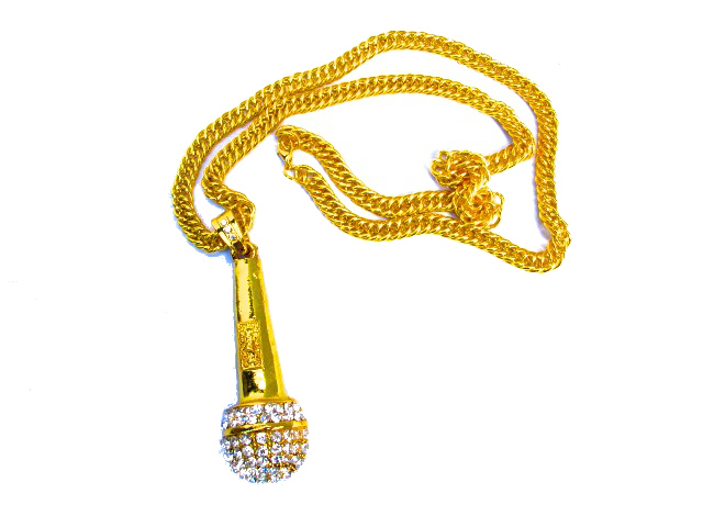 Microphone gold necklace with white crystal