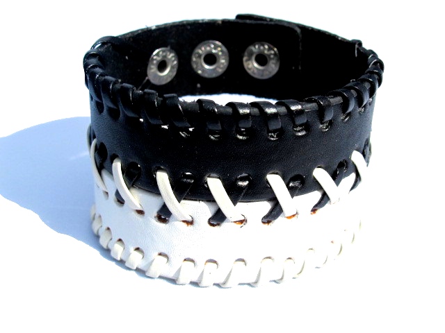 Leather bracelet black & white braided