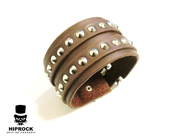 Leather bracelet with round studs - 2-row