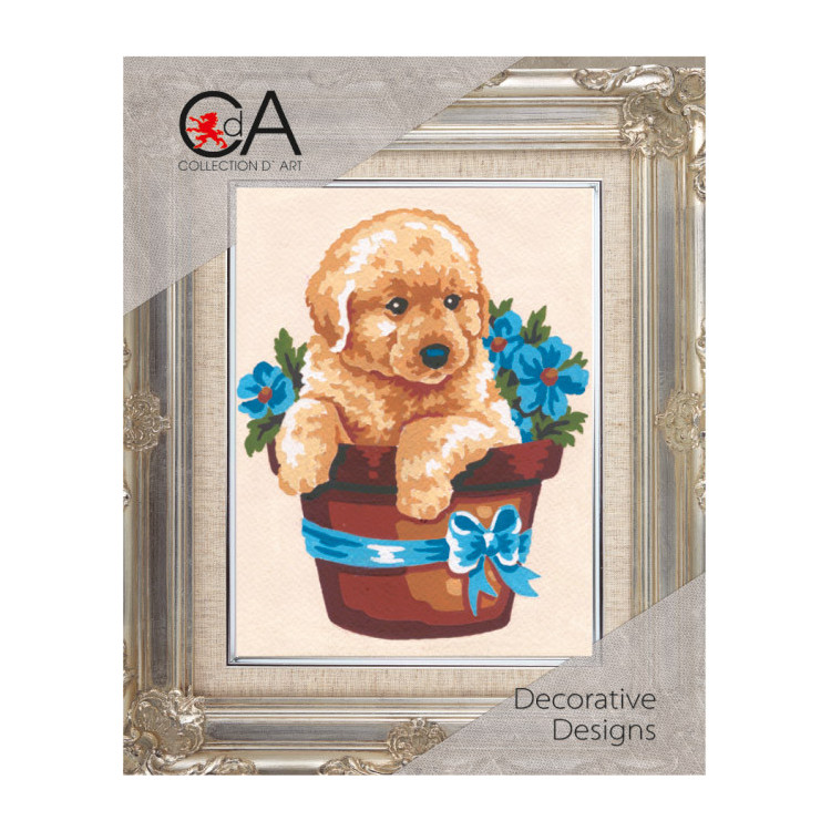 Broderi kit Tryckt Canvas "Hundvalp i korg" 14x18 cm.