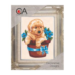 Broderi kit Tryckt Canvas "Hundvalp i korg" 14x18 cm.