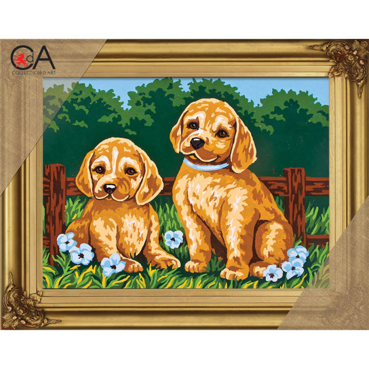Förtryckt Broderi kit Halv Stygn "2 Labrador Pups" 22x30 cm.