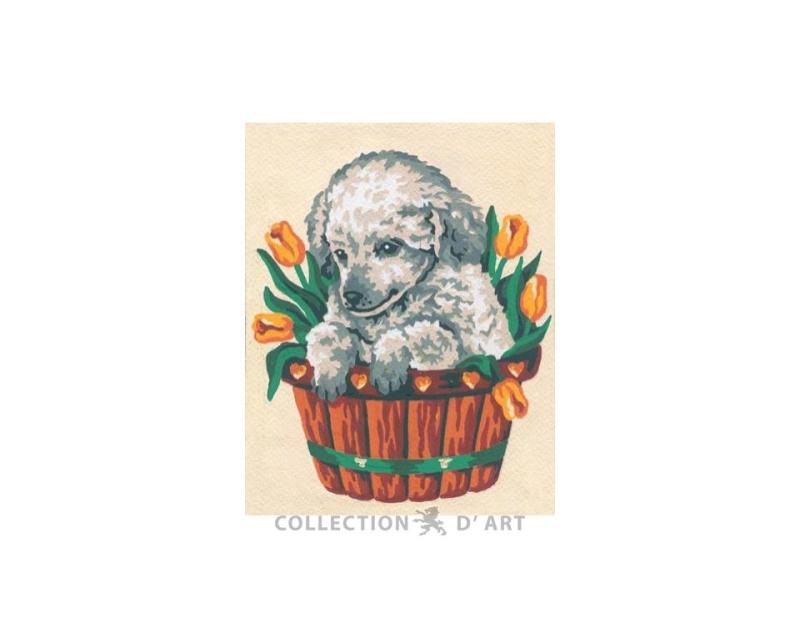 Embroidery Kit  Printed Tapestry Canvas "Puppy in a basket" 14x18 cm.