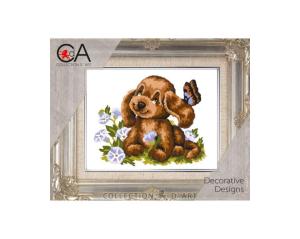 Broderi kit Tryckt Canvas "Hund & Blommor" 14x18 cm.