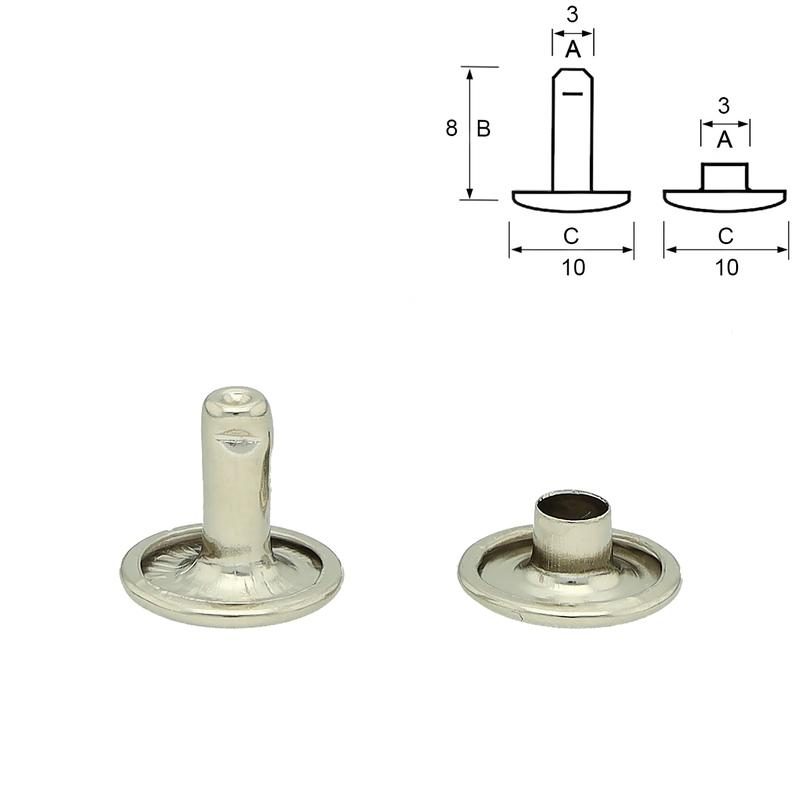 Double cap rivets, 10/10 mm, Silver, 25/100psc