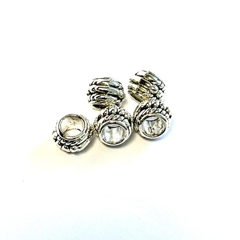 Metal beads with large hole. Antique silver, 5 pcs