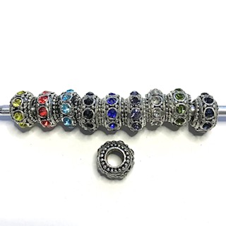 Metal beads with mixed rhinestones, 5 pcs