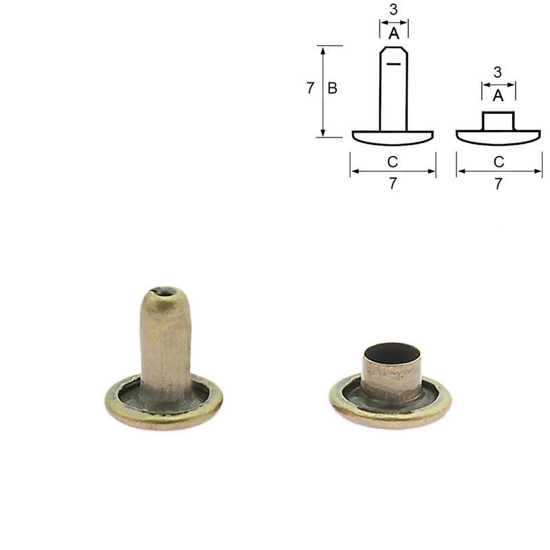 Double cap rivets, 7 mm, antique brass, 25 pcs