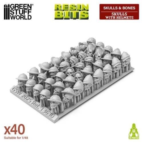 Green Stuff World: 3D Printed Resin Set - Skulls with Helmets (40) (1:48)