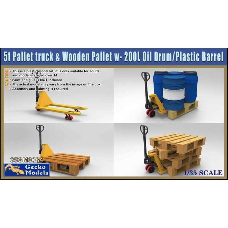 5t Pallet Truck & Wooden Pallet with 200 Litre Oil Drum and Plastic Barrel 1/35