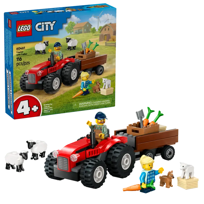 Lego City Röd jordbrukstraktor med Släp och Får