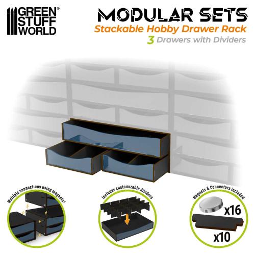 Stackable Hobby Drawer Rack with 3 horizontal drawers and dividers - Black (Magnetized)
