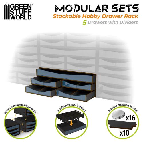 Stackable Hobby Drawer Rack with 5 horizontal drawers and dividers - Black (Magnetized)