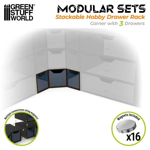Stackable hobby corner drawer rack with 3 drawers - Black (Magnetized)