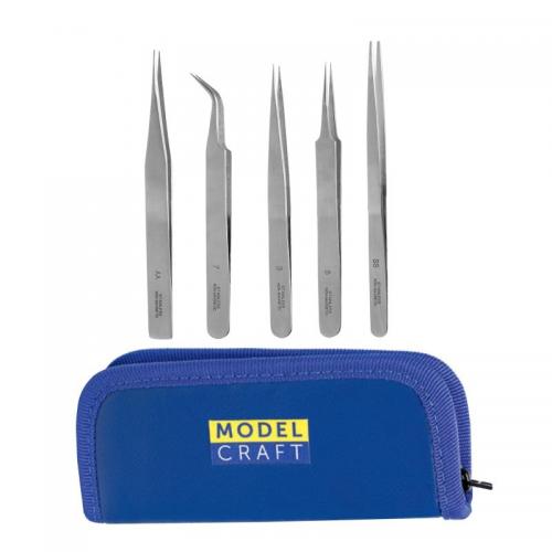 SET OF 5 STAINLESS STEEL TWEEZERS, anti magnetic, incl. storge case