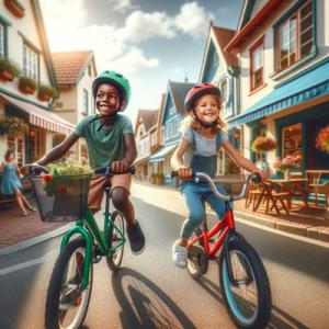 20 tums barncyklar. 2 glada barn cyklar i småstad
