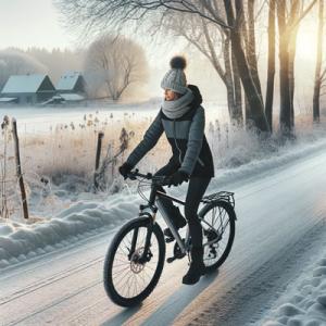 dubbdäck cykel, vinterdäck cykel, kvinna cyklar på vinterväg