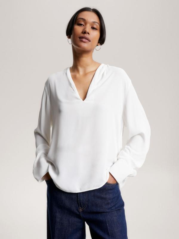 VISCOSE CREPE V-NECK BLOUSE LS