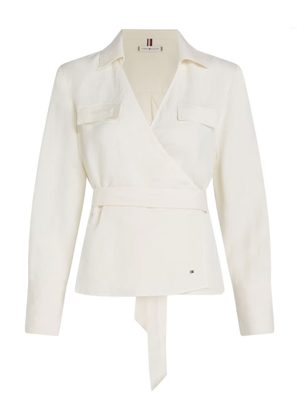 TEXTURED LINEN WRAP BLOUSE