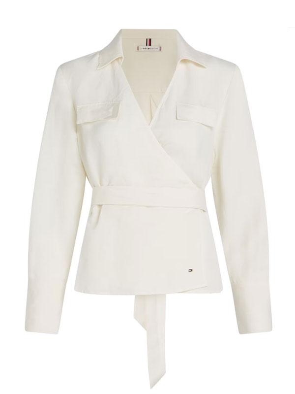 TEXTURED LINEN WRAP BLOUSE