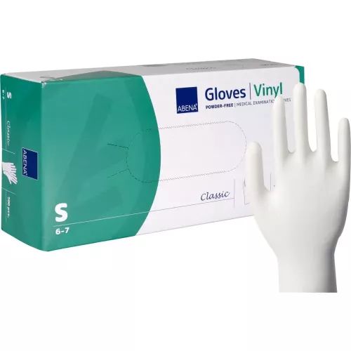 Abena Classic undersökningshandskar vinyl puderfria S – latexfria engångshandskar med hög slitstyrka, smidig fingerkänsla och säker passform för vård, städ, livsmedel och hygienmiljöer