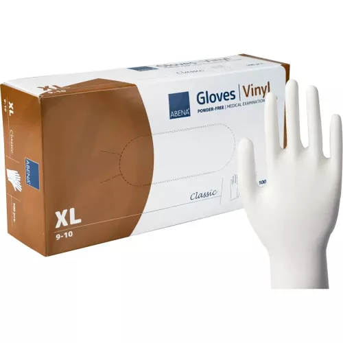 Abena Classic undersökningshandskar vinyl puderfria XL – engångshandskar med hög slitstyrka, bekväm passform och hygieniskt skydd för vård, städ och livsmedel