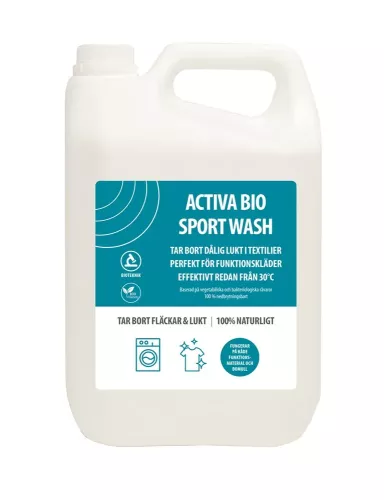Activa Bio Sport Wash 5 L – tvättmedel för träningskläder och funktionsplagg med biologisk formula som effektivt bryter ner lukt och smuts men bevarar funktionsmaterialets egenskaper, anpassat för professionell tvätt och aktiv användning