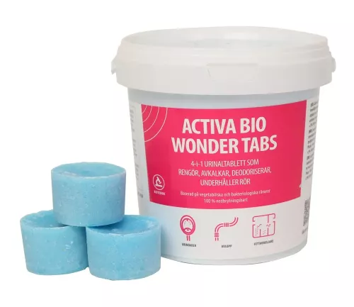 Activa Bio Wonder Tabs urinoarblock – urinoarblock för hygienisk rengöring och luktneutralisering med biologisk formula, motverkar urinlukt och förebygger avlagringar men ger fräsch doft, anpassat för urinoarer i offentliga toaletter och hygienutrymmen