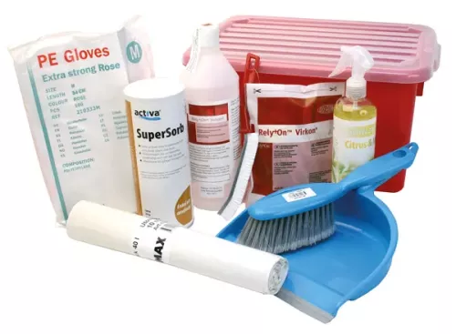 Akutbox Mini saneringskit för kroppsvätskor – kompakt hygienkit för snabb och säker sanering av blod, urin, kräkningar och andra vätskespill vilket bidrar till en ren och trygg miljö vid akuta situationer, anpassad för skolor, vårdmiljöer