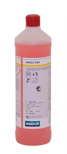 Wetrok Wetco San 1 liter – surt sanitetsrengöringsmedel med högskummande formula för effektiv kalkborttagning och daglig rengöring av WC, duschutrymmen och sanitetsytor på syrasäkra ytor, utvecklat för professionell lokalvård i hygienkänsliga miljöer