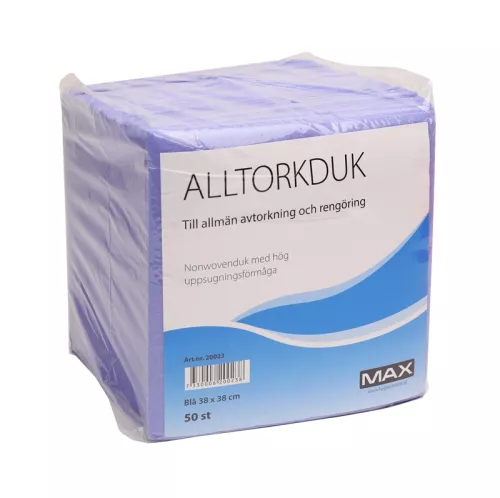 Alltorkduk Max blå 38x38 cm – slitstark duk för våt- och torrtorkning, 50 stycken per förpackning