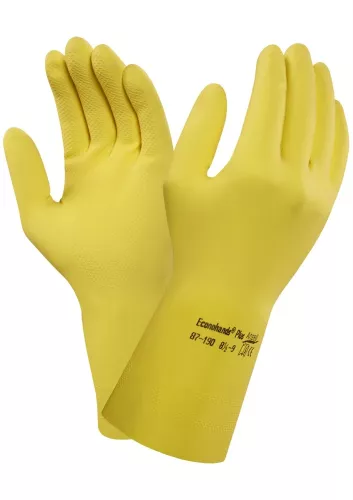 AlphaTec 87-190 latexhandske gul – kemikalieresistent skyddshandske med hög fingerkänsla och bekväm passform, idealisk för rengöring, laboratoriearbete och industriella miljöer