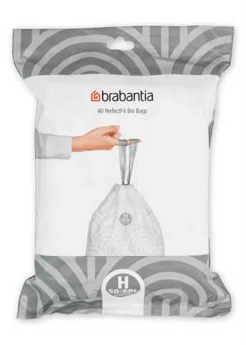 Brabantia avfallspåse i dispenserpack, storlek H för 50–60 liter sopkärl, vit rulle med tydlig märkning på förpackningen
