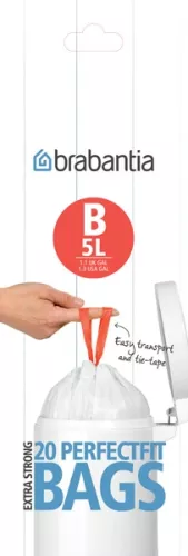 Brabantia avfallspåse Code B, 5 liter, vit plastpåse med dragsnöre, perfekt passform för Brabantia-hinkar i motsvarande storlek