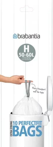 Brabantia avfallspåse Code H, 50–60 liter, vit plastpåse med dragsnöre för perfekt passform i Brabantia-hinkar