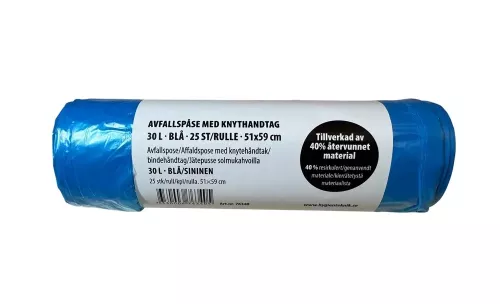 Avfallspåse 30 liter blå med knythandtag – slitstark soppåse för enkel hantering av hushållsavfall