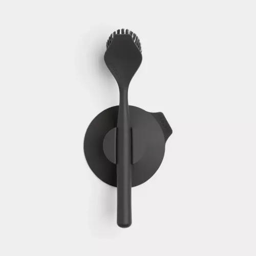 Brabantia diskborste med sugkoppshållare mörkgrå i ergonomisk design med slitstarka borst, praktisk väggmontering via sugkopp och droppfri förvaring för hygienisk disk vid diskbänk i kök och storkök