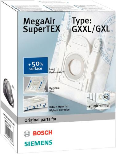 Bosch Siemens MegaAir SuperTEX GXXL/GXL dammsugarpåsar 4-pack – extra stora original engångs dammsugarpåsar med hög kapacitet och effektiv filtrering i slitstarkt material för pålitlig dammupptagning, anpassade för Bosch och Siemen