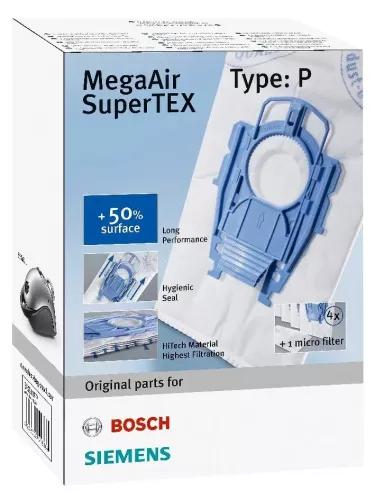 Bosch Siemens MegaAir SuperTEX P dammsugarpåsar 4-pack – original engångs dammsugarpåsar med flerlagersfiltrering och optimerat luftflöde för jämn sugkraft och effektiv dammupptagning, anpassade för hushåll och daglig städning