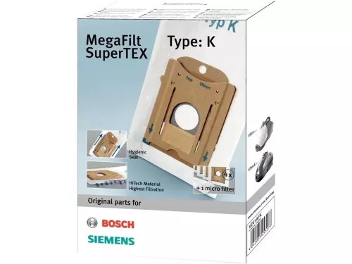Bosch Siemens MegaFilt SuperTEX K dammsugarpåsar 4-pack – original engångs dammsugarpåsar i slitstarkt material med flerlagersfiltrering för effektiv dammupptagning och renare luft, anpassade för Bosch och Siemens dammsugare i hushåll och daglig städning