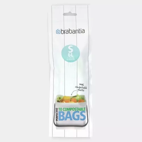 Brabantia avfallspåse 6 liter S komposterbar i slitstarkt biologiskt nedbrytbart material, perfekt för matavfall och små sopkärl, med tät passform och hygienisk hantering i kök och hushåll