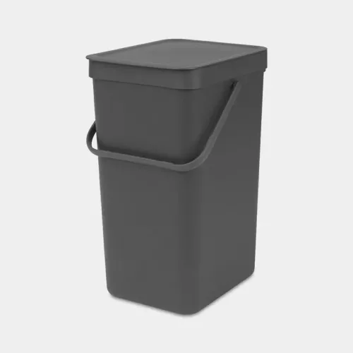 Brabantia Sort & Go avfallsbehållare 16 liter grå – kompakt grå sopbehållare för smidig källsortering med praktiskt handtag och lock, slitstark och lättskött design, för kök, kontor och återvinningsstationer