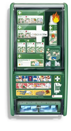 Cederroth First Aid Burn Station – komplett och lättillgänglig brännskadestation med kylande förband och sårvårdsprodukter för snabb behandling av brännskador
