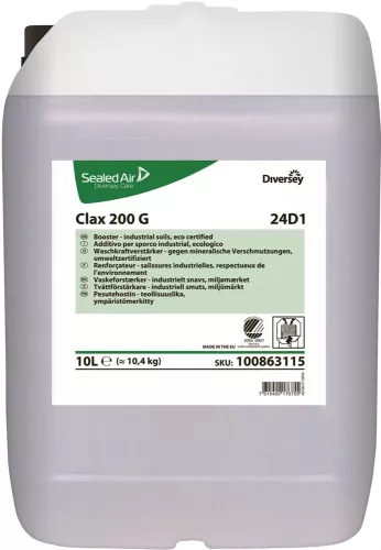 Diversey Clax 200 Pur-Eco 24D1 10 L – enzymbaserad tvättförstärkare för professionell tvätt av arbetskläder och textilier med kraftfull fett- och oljeemulgerande formula som löser upp ingrodd smuts men bevarar färger och fibrer,