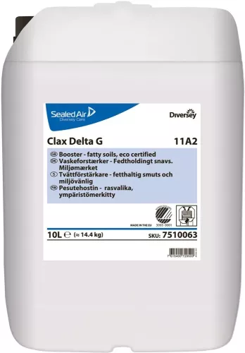 Clax Delta Pur-Eco 11A2 10 L – Svanenmärkt tvättmedel för professionell tvätt med högkoncentrerad formula som löser upp smuts och fett men bevarar textiliernas kvalitet, anpassat för daglig tvätt och industriella tvättprocesser